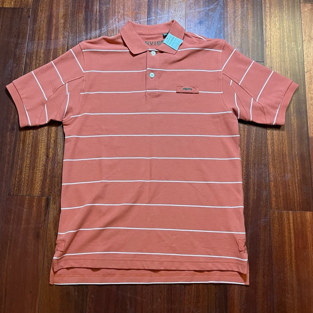 Orvis Polo Shirt Mens Small Salmon Red Striped Signature Polo Casual Preppy - Picture 2 of 8